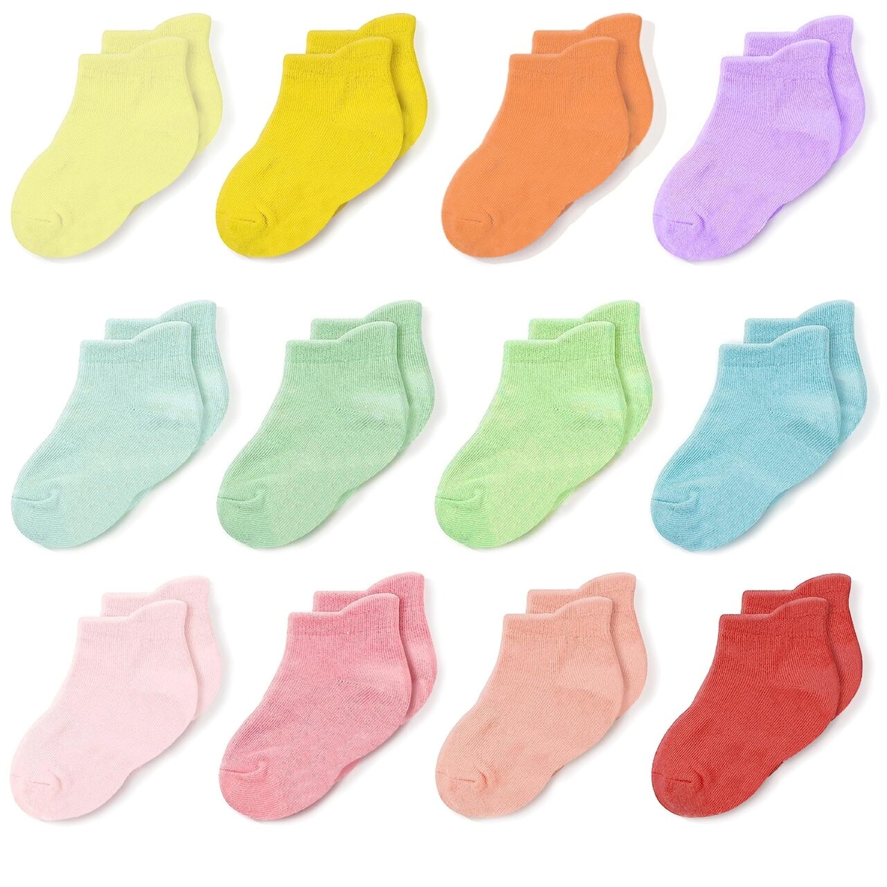 CozyWay Baby & Toddler Ankle Socks - Toddler Socks with Non-Slip Grip - Soft Cotton Comfort for Baby Girl Feet - Stay-Put No-Show Ankle Pair - 3T-5T, Multicolor, Pack of 12